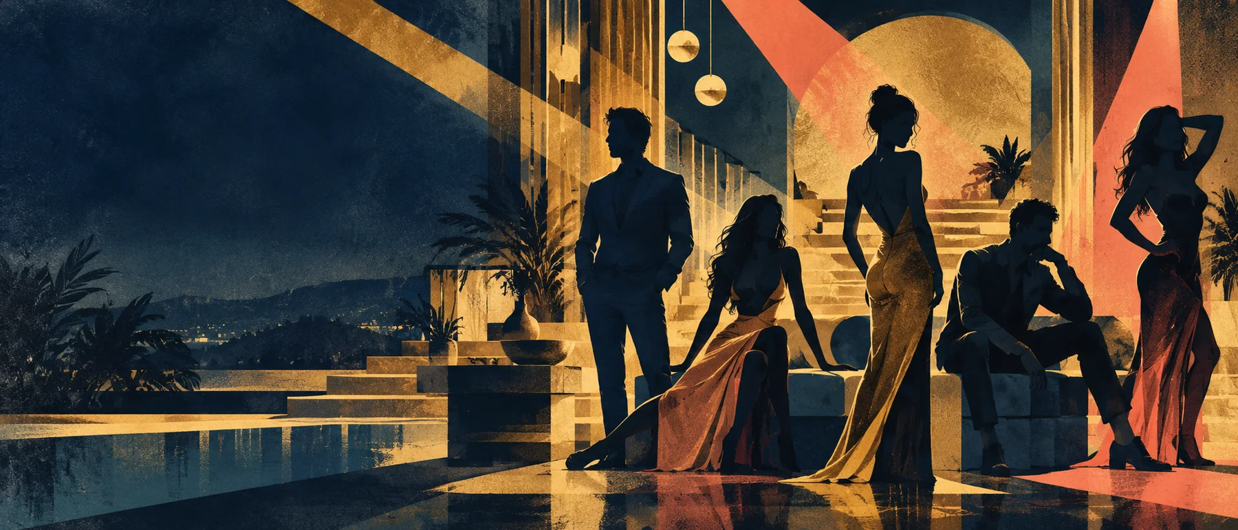 Abstract screen-printed silhouettes of contestants inside the Bayside Royalty house